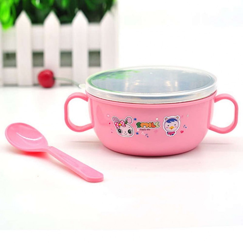 Children Kids handle Soup bowl Container Dish Nonslip Pink