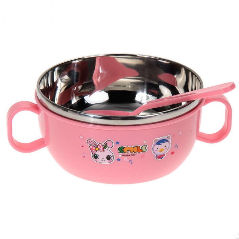 Children Kids handle Soup bowl Container Dish Nonslip Pink