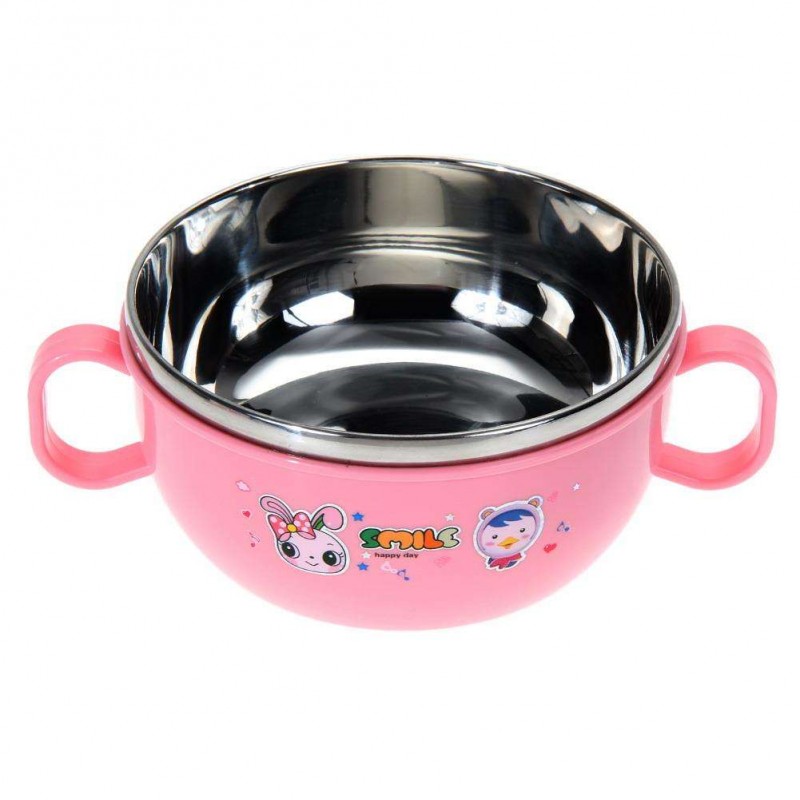 Children Kids handle Soup bowl Container Dish Nonslip Pink