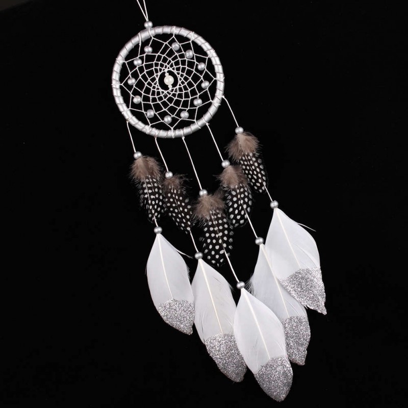 Silver Bead Dream Catcher with Feather Wall Hanging Decoration