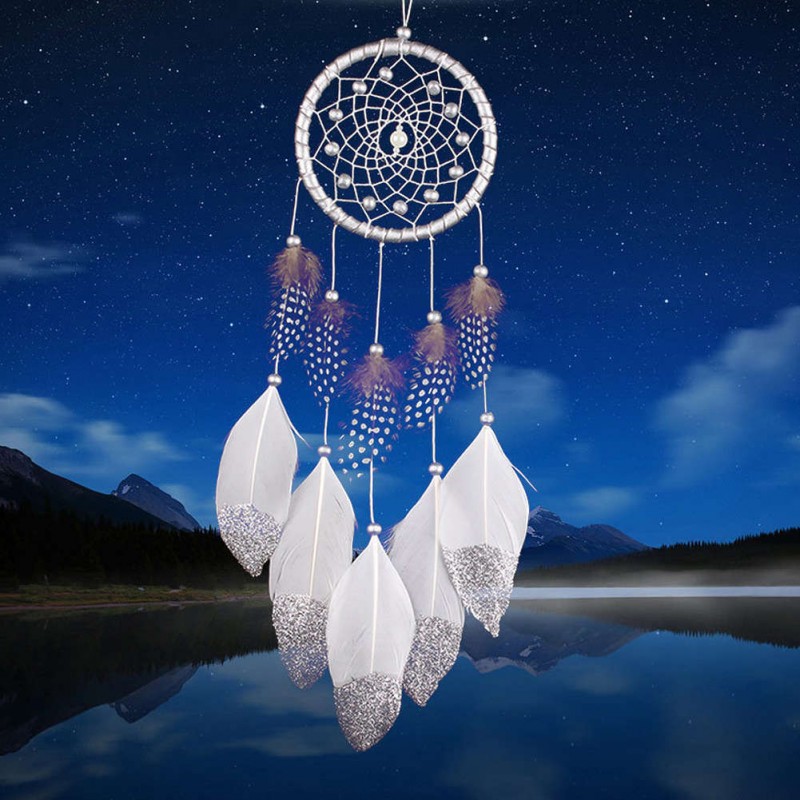 Silver White Dream Catcher Feather Bead Hanging Decoration Ornament