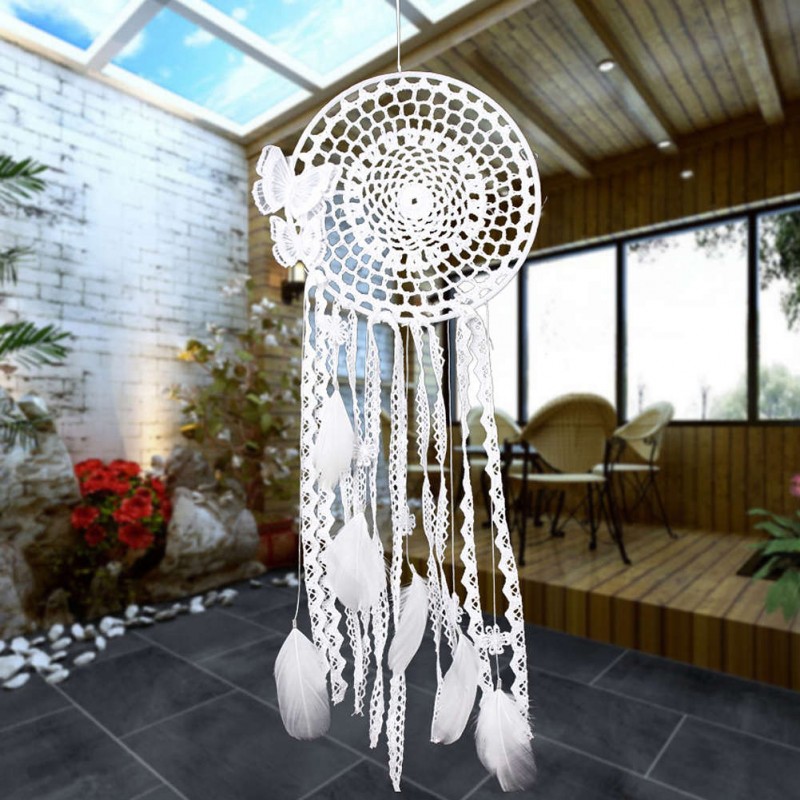 White Butterfly Dream Catcher Feather Bead Hanging Decor Ornament