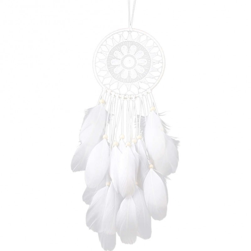 White Lace Flowers Dream Catcher Feather Bead Hanging Decor Ornament