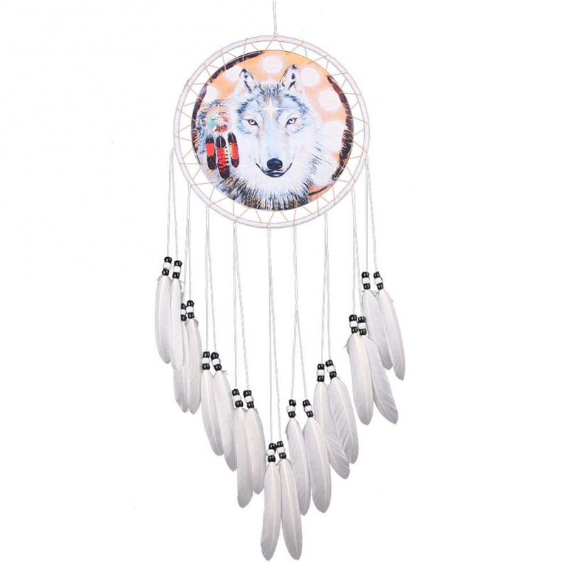 Wolf Printed Dream Catcher Net Feather Bead Dreamcatcher Hanging Ornament