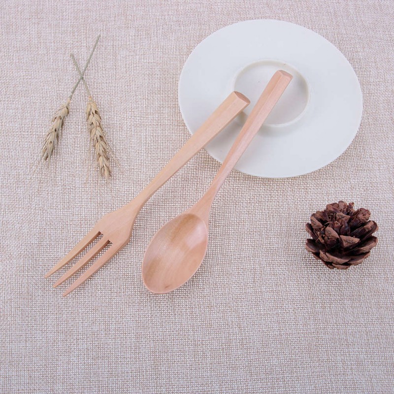 Japanese Style Dinnerware Set Long Handle Wooden Fork Scoop Set(wood color)