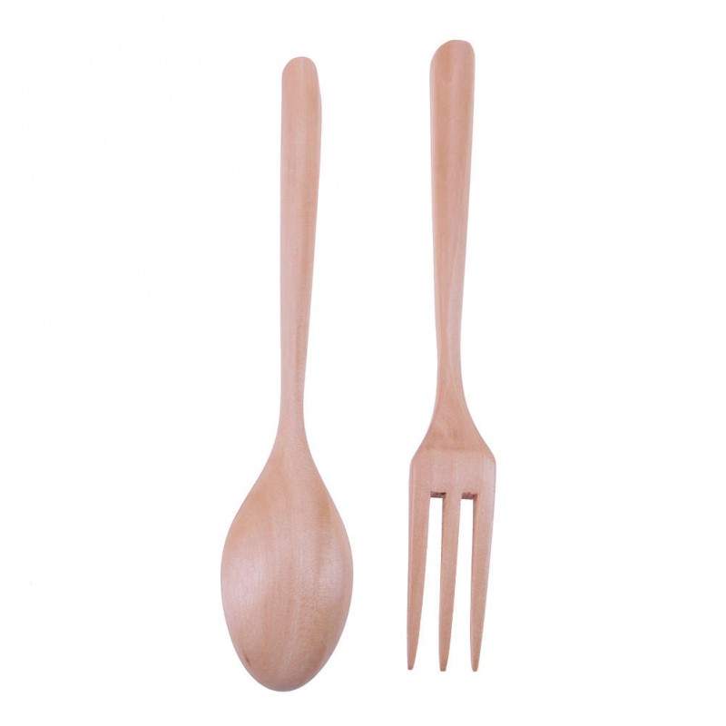 Japanese Style Dinnerware Set Long Handle Wooden Fork Scoop Set(wood color)