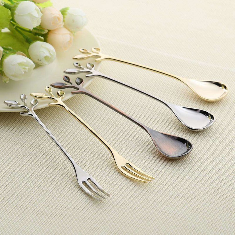 Leaf Shape Gold Silver Coffee Spoon Fork Kitchen Dining Room Bar Cutlery