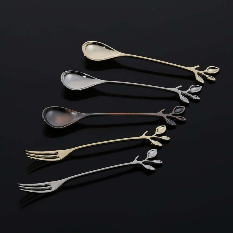 Leaf Shape Gold Silver Coffee Spoon Fork Kitchen Dining Room Bar Cutlery