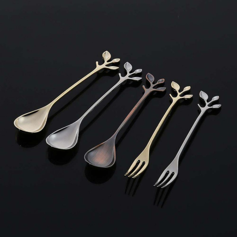 Leaf Shape Gold Silver Coffee Spoon Fork Kitchen Dining Room Bar Cutlery