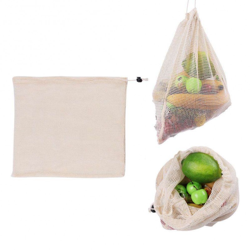 Reusable Organic Cotton Vegetable Mesh Bag Washable Fruit Drawstring Bags