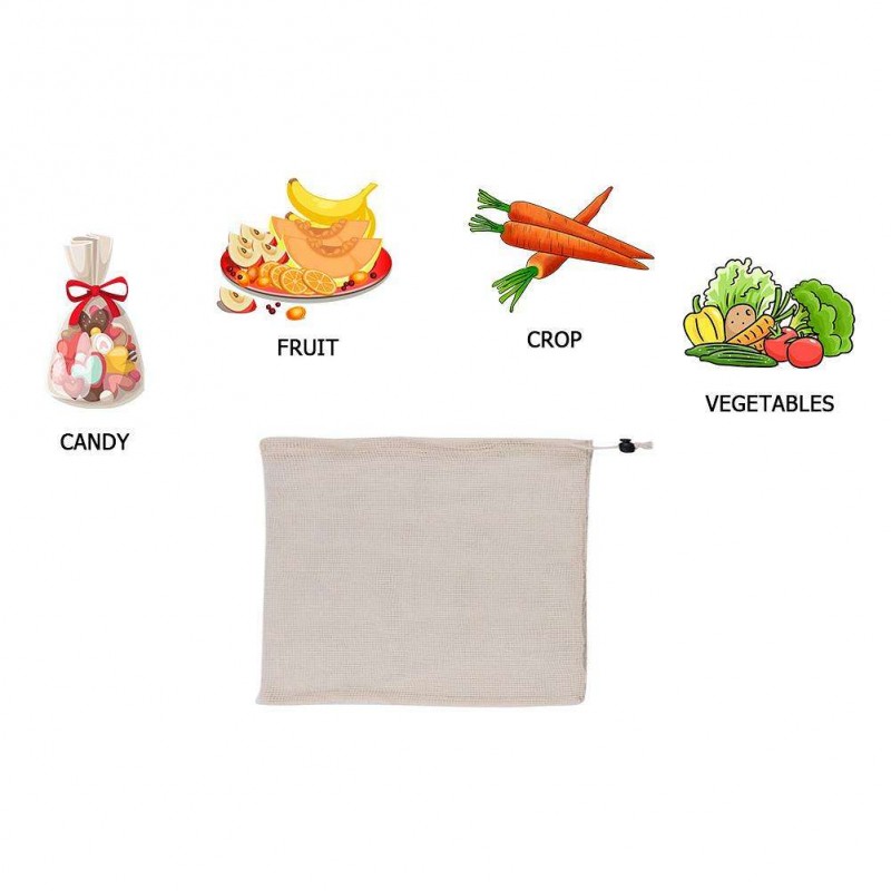 Reusable Organic Cotton Vegetable Mesh Bag Washable Fruit Drawstring Bags