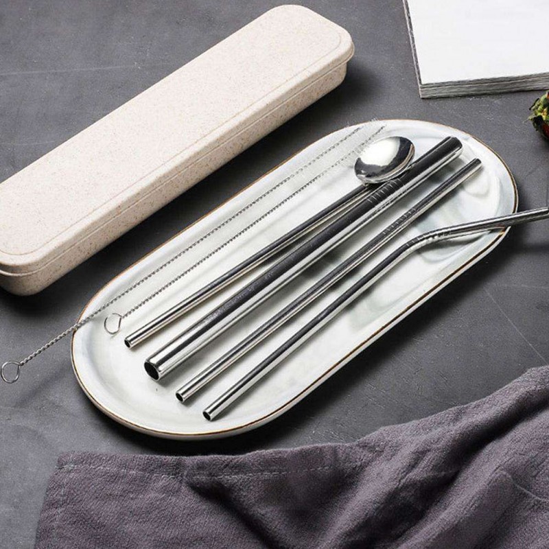 Reusable Coffee Tea Straw Set with Cleaning Brush Spoon