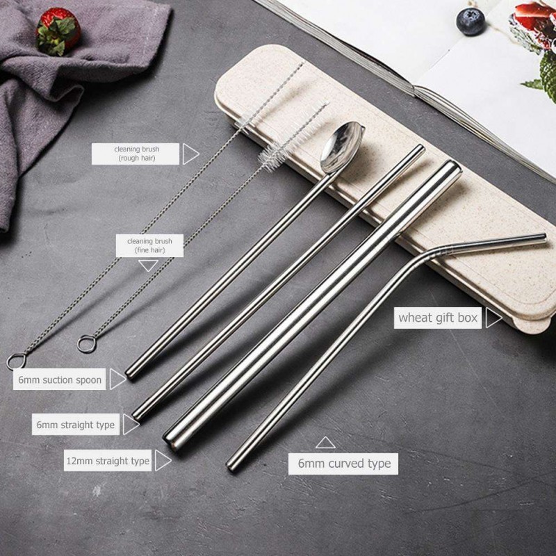 Reusable Coffee Tea Straw Set with Cleaning Brush Spoon