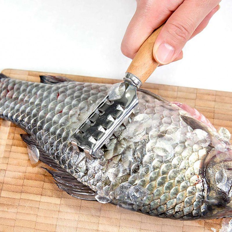 Fish Scale Scraper Seafood Skin Remover with Wooden Handle